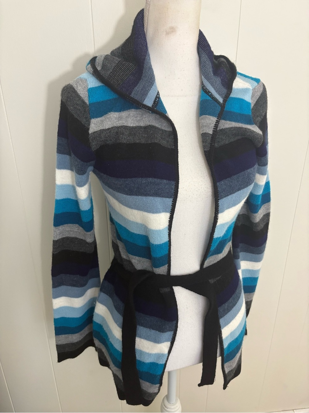 Vintage Say What? Blue Teal Navy Striped Belted Hooded Cardigan
